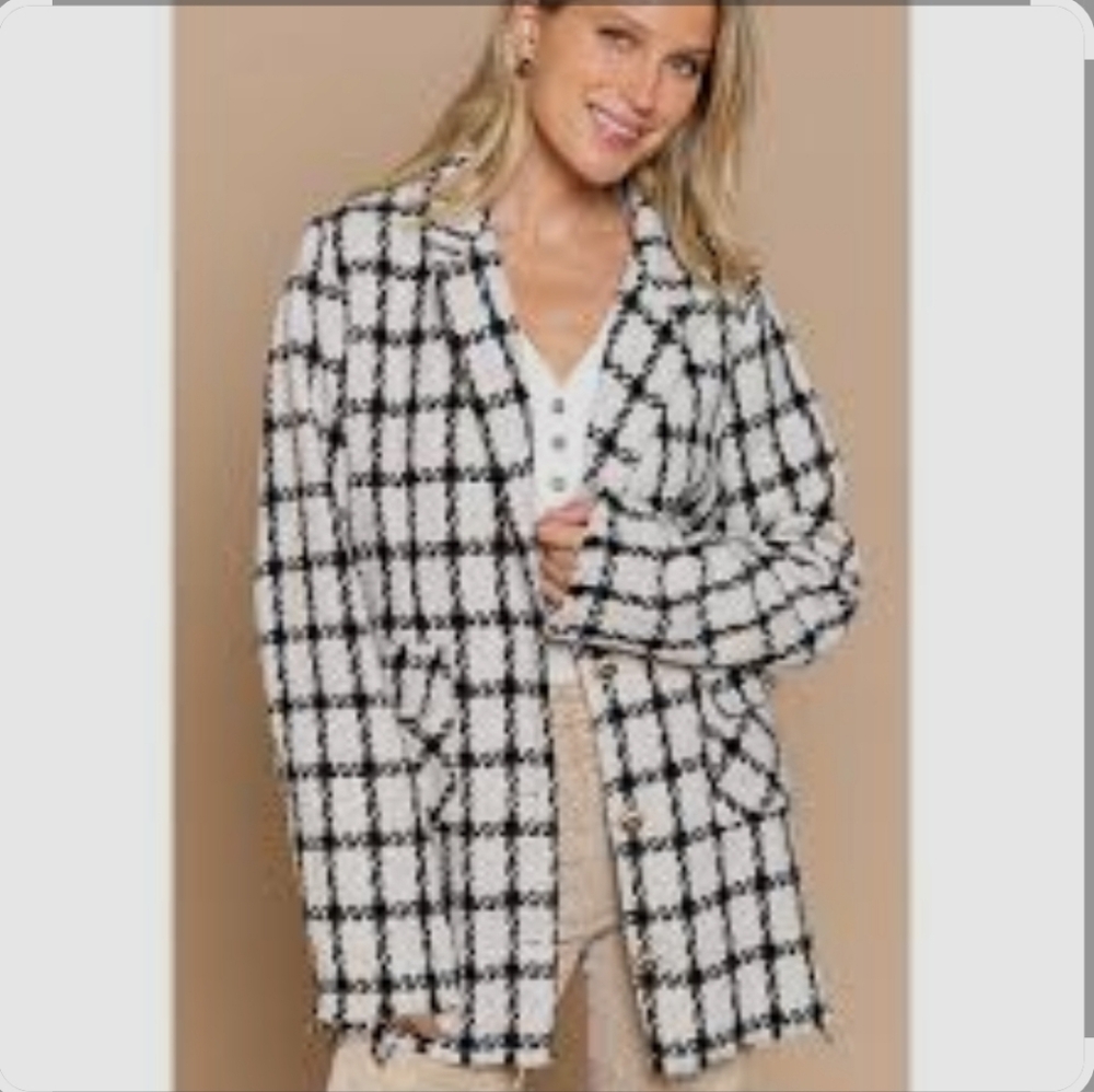 POL Black and White Checkered Decorative Buttons Blazer Size Small